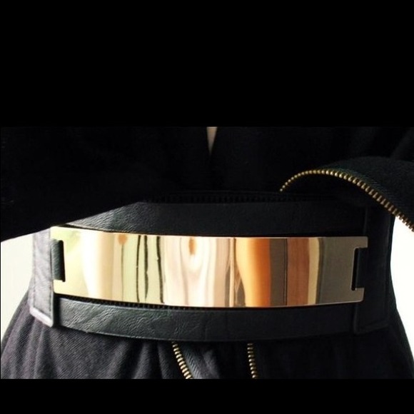Black faux leather gold plate belt