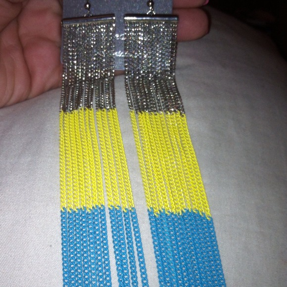 Silver, yellow, turquoise chain earrings