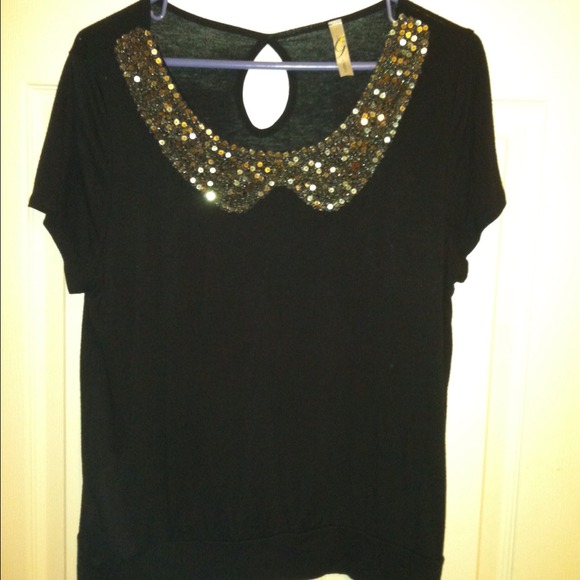 TRADED💋 Short sleeve black sequin collar shirt