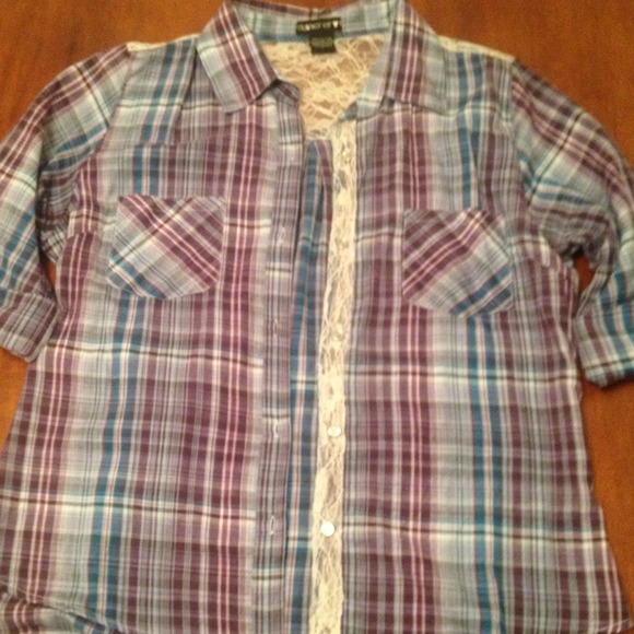 Button up plaid shirt with lace detail on back