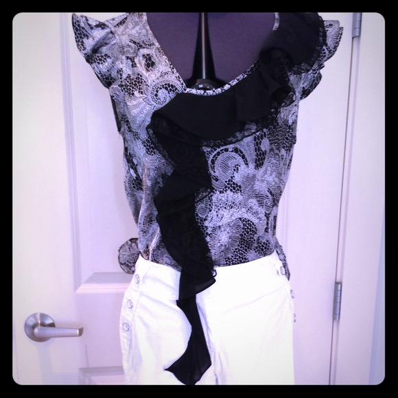Sunny Leigh B&W Lace Print Satin Tank with Ruffle