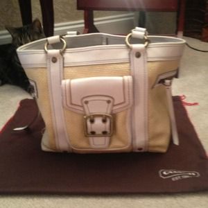SOLD!! Straw and white leather coach tote