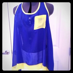 Sheer Color Block T-Back Yellow & Blue Tank