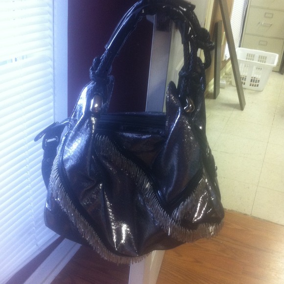 SOLD****Silver and black fringe bag