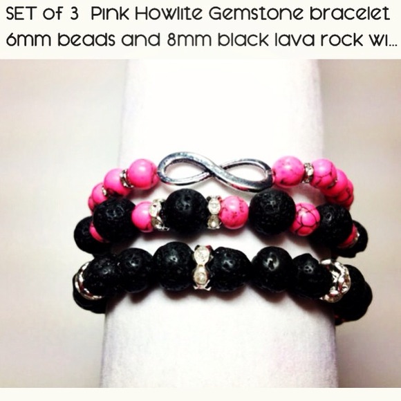 Pink Howlite and black lava rock 3 piece set.