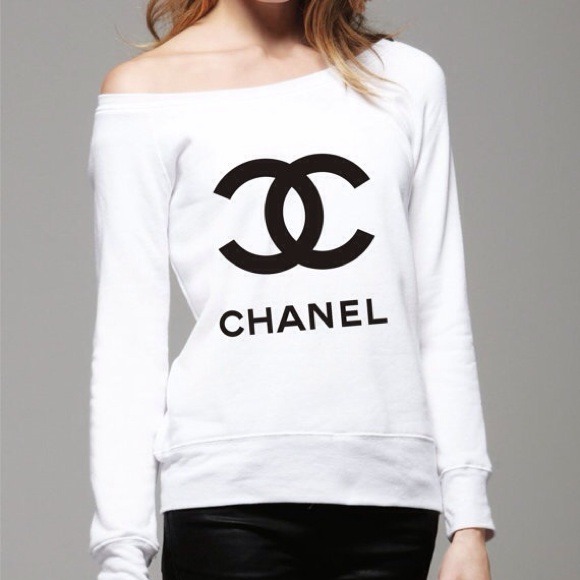 Bella tri-blend sweater in white with Chanel logo