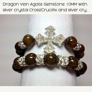 Dragon vein gemstone bracelet set with cross