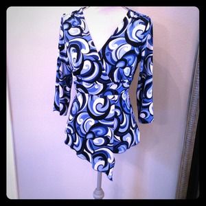 Blue swirls faux wrap top +tan sunflower tank