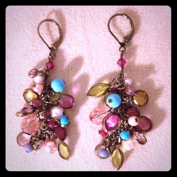 Pink, Blue & Green Glass & Bead Drop Earrings - Picture 1 of 1