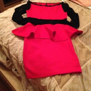 Red black lace sleeve peplum dress