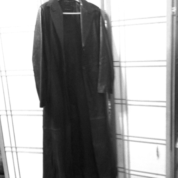 Long black leather dress coat.