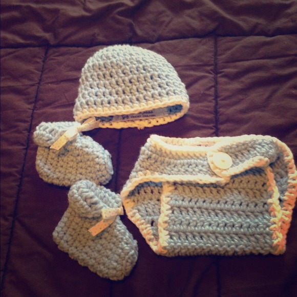 Baby boy Crochet beanie, diaper cover & booties