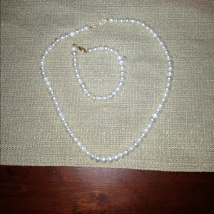 Lab created pearl necklace and bracelet w/14k trim