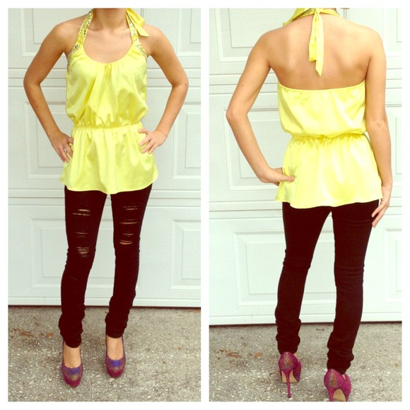 Arden B Tops - Arden B Bright Yellow Embellished Silky Blouse