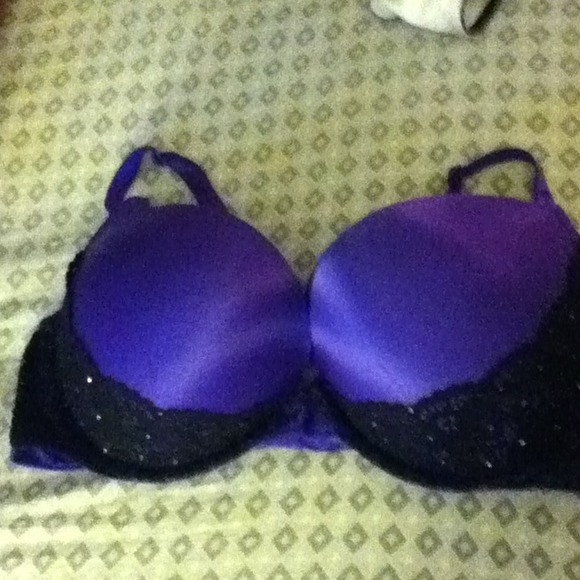 Purple and black lace bra