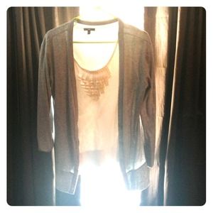 Long gray cotton cardi, j crew t, white necklace