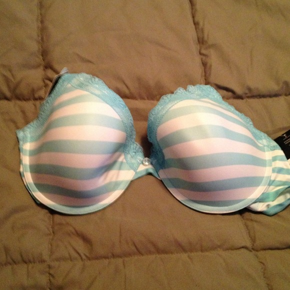 Baby blue and lace underwire bra.