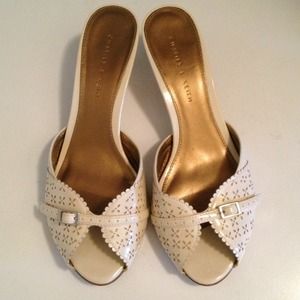 Charles & Keith white kitten heels with buckle