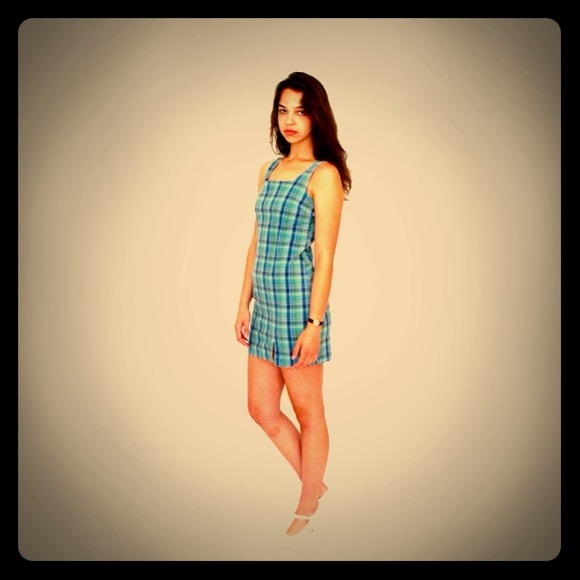 Vintage 90s Blue Plaid Sleeveless Shift Dress: