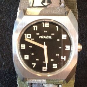 Nixon, black face, camoflage nylon band watch