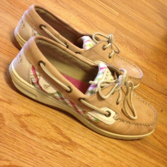 Khaki Sperry Top Siders with green/pink colors