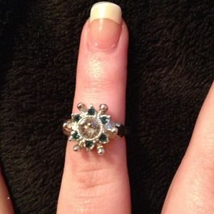 Silver ring blue and white Rhine stones