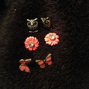Three pair earring set. Owl, butterfly, and flower
