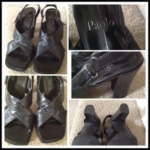 Black leather sling shoes by Linea Paolo