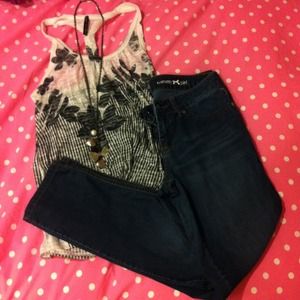 Stripe/Flower Black and White Tank