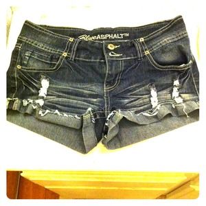 Dark washed/distressed denim shorts!