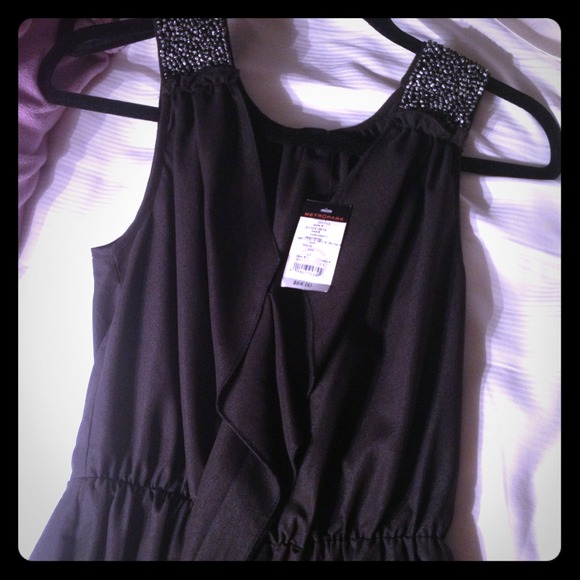 Black v neck blouse with beaded shoulders XS
