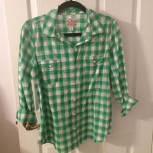 Green and white checkered button down