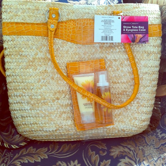 Straw bag with eyeglass case and body spray/lotion