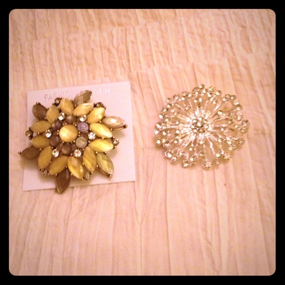 Yellow and Green and Silver Brooches