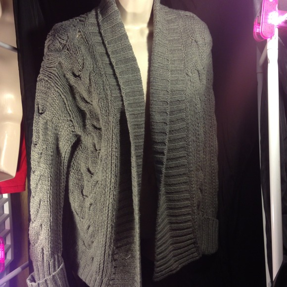 Grey cable knit cardigan sweater