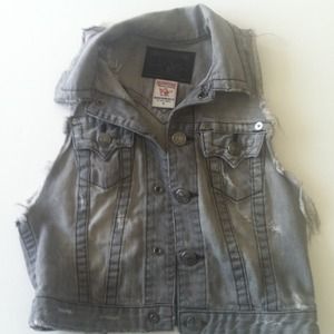 True Religion Black and Grey Denim Vest
