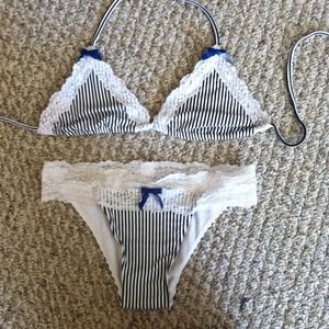❌Sold❌Beach Bunny dark blue striped lace bikini.