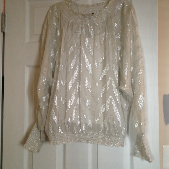 BCBG white and silver metallic blouse