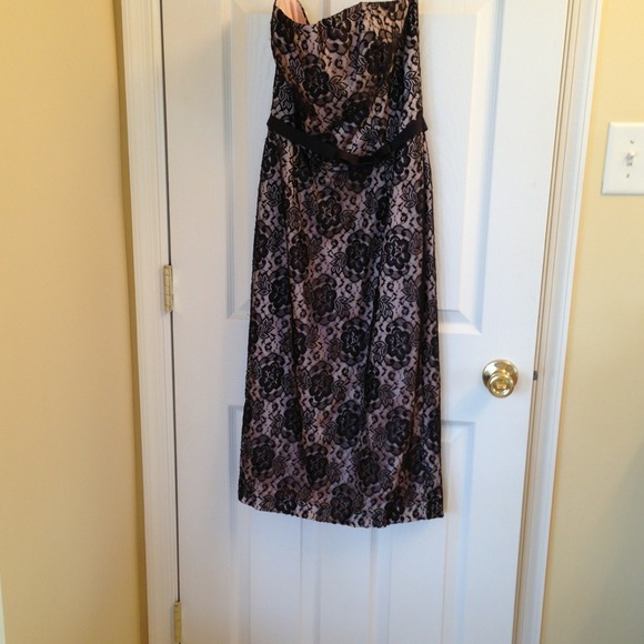 Strapless tea length pink/black lace Jim Hjelm