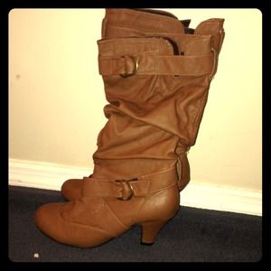 Brown faux leather heeled boots