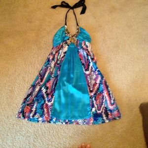 Bebe silk halter dress. Turquoise with pattern