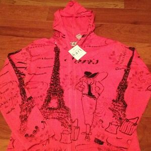 HOLD NWT red Paris theme light weight hooded shirt