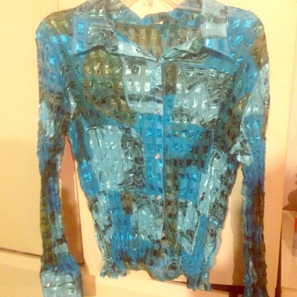 Blue and green sheer button down