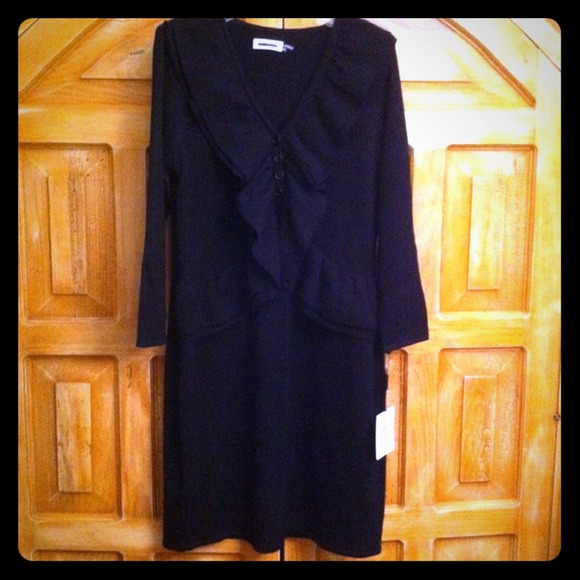 NWT. Calvin Klein Black Ruffled Sweater Dress.