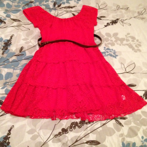 Red lace knee length summer dress with brown belt