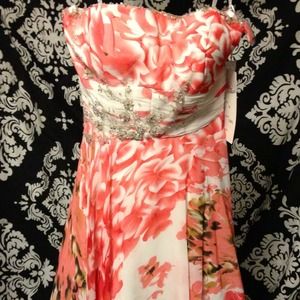Coral Floral Formal Cocktail Length Dress
