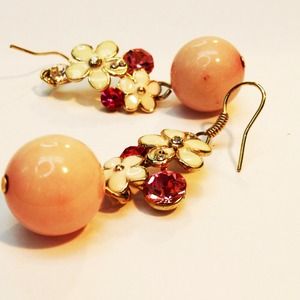 Long drop pink flower crystal earrings