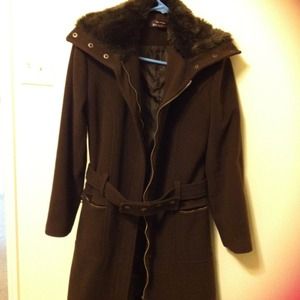 Long Baize brown jacket with fur , size medium