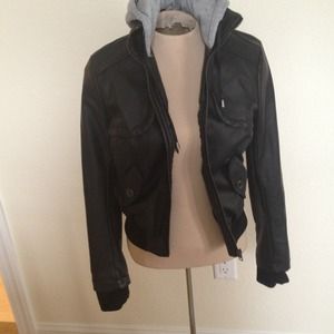 Black leather jacket with removable hoodie