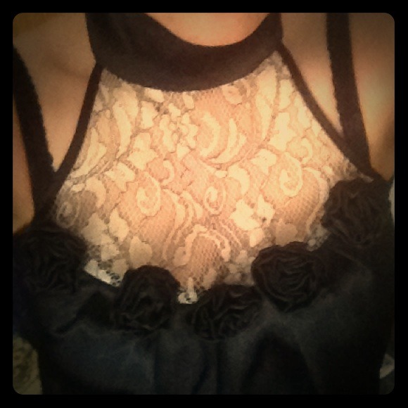 Black top with white lace.
